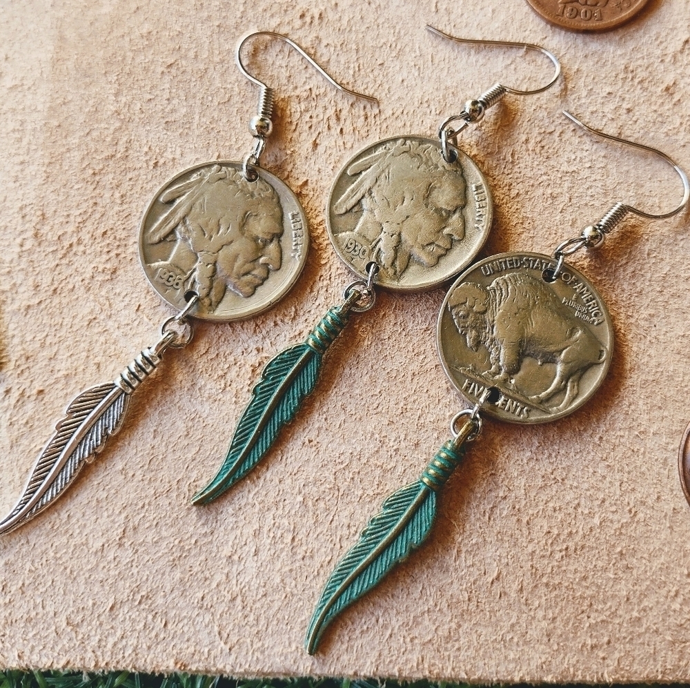 Sale! Vintage Handmade Buffalo Indian Nickel Feather Dangle Drop Hook Earrings